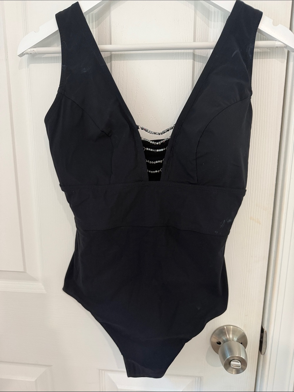Amoressa Black Women's V-Neck One Piece Bathing suit with Rhinestones-Never worn
